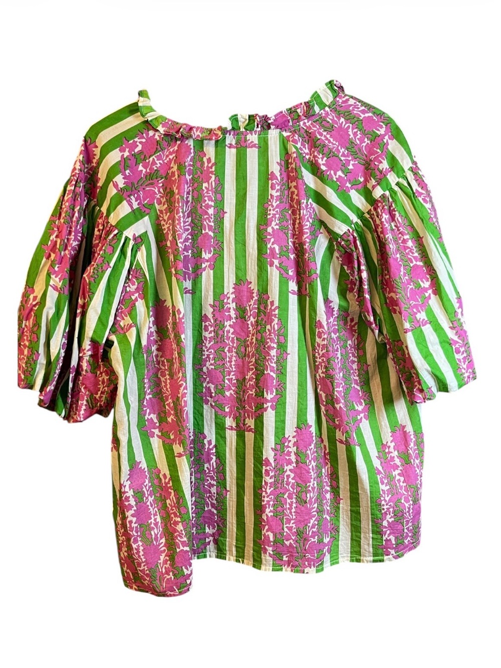 THML Pink Floral Green Stripe Puff Sleeve Blouse - Picture 3 of 3